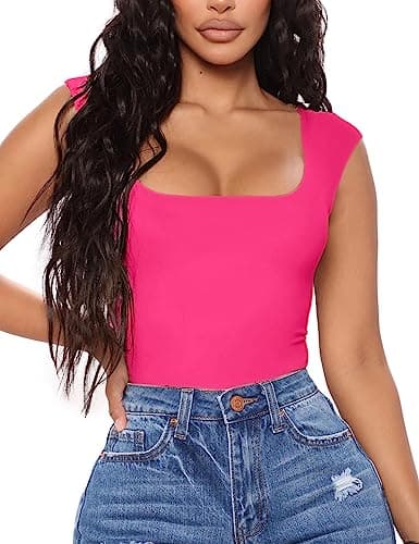 Image of Aranmei Women Sexy Causal Bodysuit Square Neck Sleeveless Tank Top Bodysuit Teddy Clubwear for Going Out(Pink S)