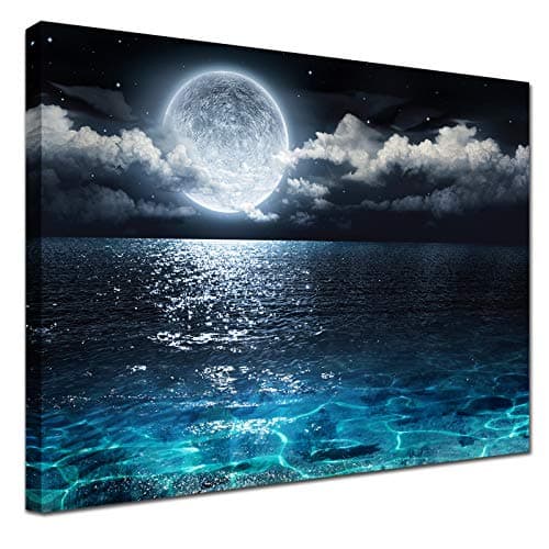 Image of Hai dou ya Blue Moon Canvas Wall Art Painting - Wall Decor Modern Ocean Landscape Pictures Room Decoration Print Poster Artwork for Living Room Bathroom Home Decorative Framed Ready to Hang 12x16inch