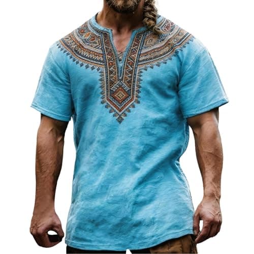 Image of Medieval Graphic T-Shirt with Motif, Casual Short Sleeve Top for Men Everyday Wear, sky blue, S
