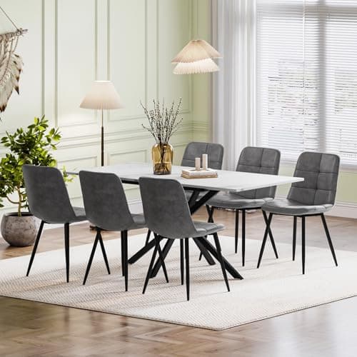 Image of Luxstein Extendable Dining Table and Chairs Set 6, 120-160cm Marble Effect Table with 6 Grey Upholstered PU Leather Chairs for Dining Room, Kitchen