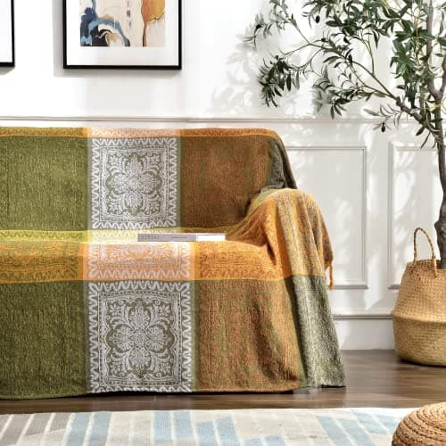 Image of Edcooy Chenille Jacquard Tassels Colorful Throw Blanket Sofa Chair Bed Cover Soft Armchairs Boho Hippie Room Decor (Green, 150x200cm)…