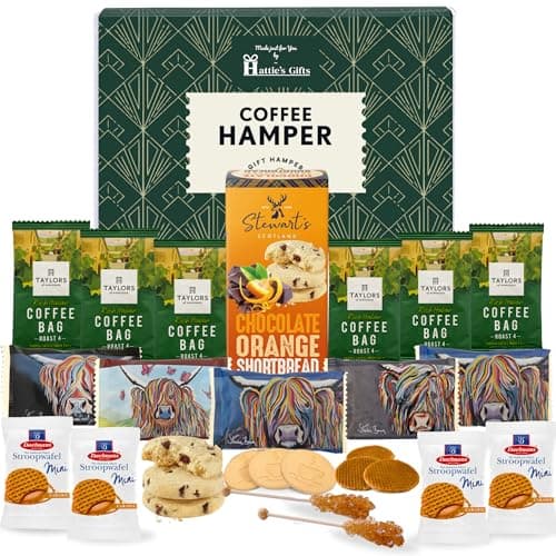 Image of Hattie’s Gifts Coffee Gift Set – Taylors Coffee Bags, Shortbread Biscuits, Caramel Stroopwafels & Swizzle Sticks – Luxury Food Hamper for Men and Women