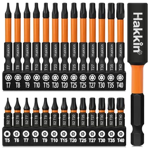 Image of Torx Bit Set Hakkin 27Pcs Torx Screwdriver Sets S2 Steel Tamper Proof Torx Bits 1/4” Hex Shank 25mm 60mm Magnetic Star Security Bits with 75mm Bit Extension Holder for Screwdriver, Impact Drill T5-T40