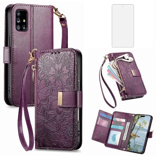Image of Asuwish Phone Case for Samsung Galaxy A71 4G Wallet Cover with Screen Protector and Card Holder Slot Stand Zipper Magnetic Cell Accessories Wrist Strap Protective A 71 71A S71 A715F Women Men Purple