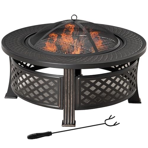 Image of Outsunny 81 x 81 x 50 cm Outdoor Fire Pit, Round Firepit with Grill Net, Mesh Lid, Poker, for Garden, Camping, Bonfire, Picnic, Bronze Tone