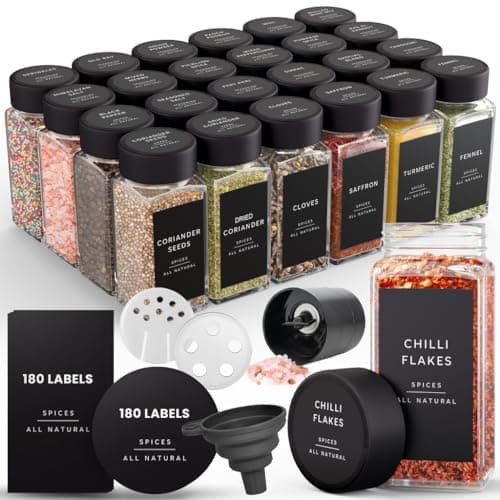 Image of Livabl Bamboo Spice Jars with lids (120ml 24 pack) & Labels Glass Storage Jars with Bamboo Lids, 360 Minimalist Waterproof Spice Jar Labels- Airtight Kitchen Containers (Black)
