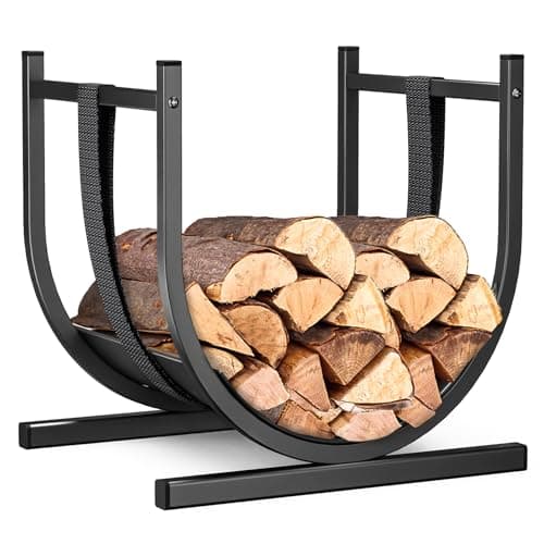 Image of VOUNOT® Firewood Log Rack, Metal U-Shape Log Holder with Safety Strap Firewood Storage Stand for Fireplace, Indoor&Outdoor, 41 × 37 × 39.5 cm, Black