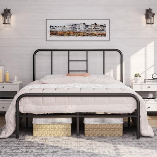 Image of Yaheetech Black Metal Double Bed 4ft6 Iron Bed Frame with Curved Headboard, Under Bed Storage Space, for Adults/Teenagers, Suit for 135x190cm Mattress, Easy Assembly