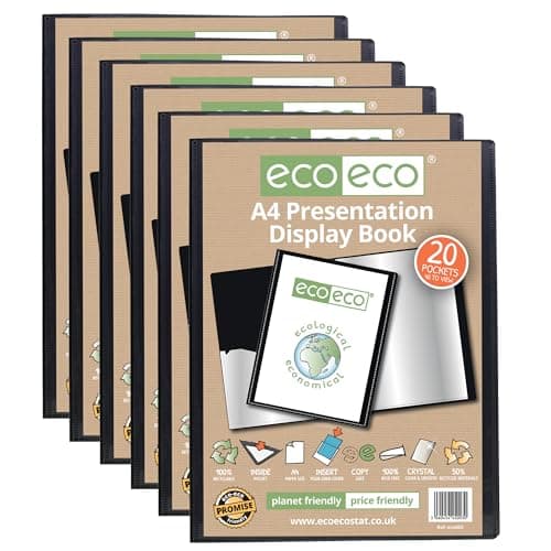 Image of eco-eco A4 Size 50% Recycled 20 Pocket Black Presentation Display Book, Storage Case Portfolio Art Folder with Plastic Sleeves, (Pack of 6), eco003x6