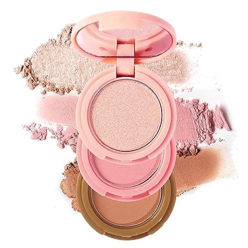 Image of Erinde Highlighter, Bronzer & Blush Powder Palette, Matte Shimmer Powder Makeup, Face Palette with Mirror All in One, Blendable, Travel Friendly, Cruelty Free, 3 Colours