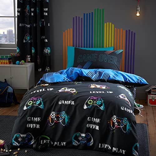 Image of Catherine Lansfield Bedding Game Over Single Duvet Cover Set with Pillowcases Black