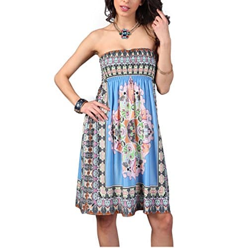 Image of OCTOPUSIR Women Sleeveless Strapless Beach Sundress Ladies Summer Ethnic Bohemian Off Shoulder Floral Printed Bandeau Boobtube Casual Mini Cover Up Dress,Colour 8