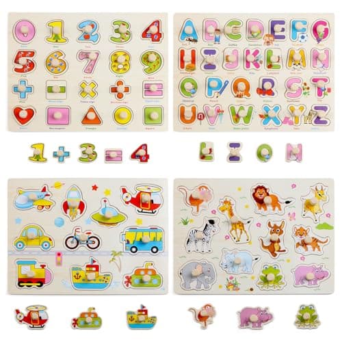 Image of Wondertoys 4 Pieces Wooden Jigsaw Puzzles Vehicles/Alphabet ABC/Fruit/Animal/Alphabet Number Peg Jigsaw Educational Puzzles for Kid Toddler Boys Girls