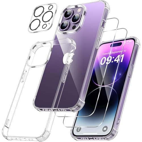 Image of FLLAO iPhone 14 Pro Case 6.1-Inch with 2 Pack Tempered Glass Screen Protectors + 1 Lens Protector, Anti-Scratch Shockproof Protection, Slim Anti-Yellowing Heavy Duty Bumper Cover, Clear