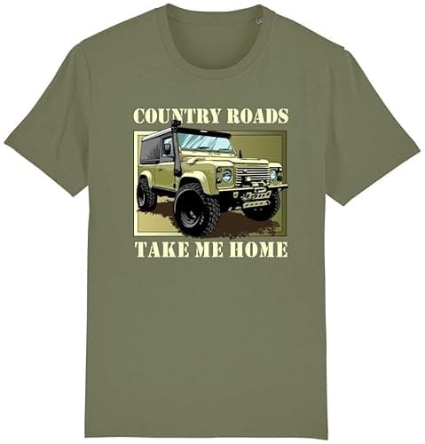 Image of Corporate Togs Country Roads Take Me Home Funny T-Shirt - Land 4x4 Rover Off-Roader, Regular Fit Tee, 100% Cotton T-Shirt, Short Sleeve, Printed Round Neck Tee | Graphic Apparel Olive Green