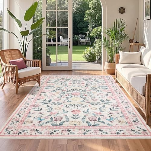 Image of CAROMIO 120x170 cm Machine Washable Floral Rug, Non-Slip Living Room Soft Area Rug, Foldable Farmhouse Carpet for Bedroom, Dining Room and Nursery, Pink