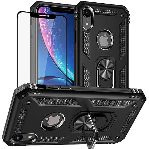 Image of Yiakeng for iPhone XR Case, iPhone XR Phone Cases With Screen Protector, Silicone Shockproof Military Grade Protective Phone Cover with Ring Kickstand for iPhone XR (Black)