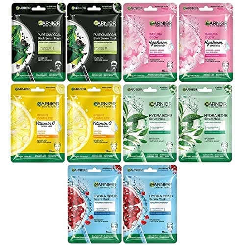 Image of Garnier Skin Naturals, Face Mask Set, Hydrating, Pore Reducing, Brightening, and Enhances Glow, Hydra Bomb Serum Mask & Black Serum Mask, 5 pcs, 140g (Flavour)