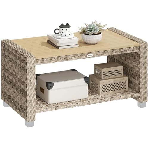 Image of Outsunny Outdoor Coffee Table with Storage Shelf, PE Rattan Side Table with Slatted Top and Foot Pads for Patio, Garden, Balcony, 90 x 50 x 45 cm, Light Brown