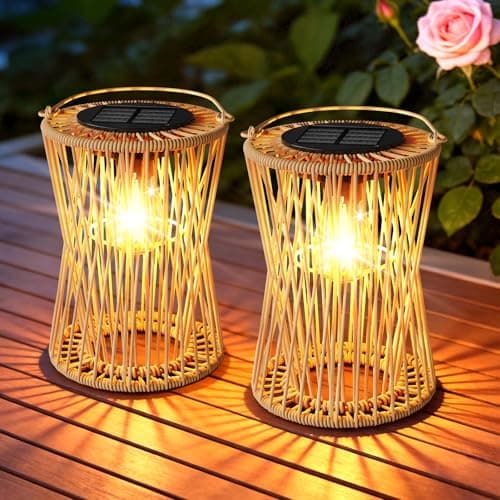 Image of AOUNQ Solar Lights Outdoor Garden Ornaments 2 Pack, Vintage Rattan Hanging Solar Lanterns for Outside with Auto On/Off, Hanging Garden Lights Solar Powered Waterproof for Patio Yard, Gifts for Mom