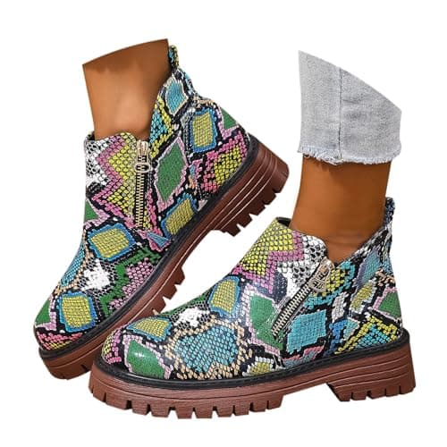 Image of Momolaa UK 7 UK Women's Ankle Booties, Ladies Faux Suede Low Block Heel Double Side Zip Ankle Short Boots Chelsea Pull on Booties Casual Comfortable Western Boots Footwear 002_Snakeskin Green