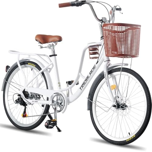 Image of LSBIKE Ladies Bike with Basket 24/26in 7 Speed City Bicycle Women Girls Comfort Bike Lightweight Frame Hybrid Disc Brakes with Cupholder Steel Rear Rack Adjustable Handbar and Seat (White, 24inch)