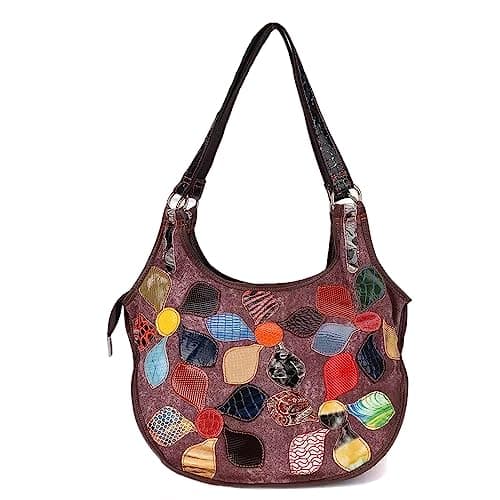 Image of Segater Women Colorful Flowers Hobo Handbag Genuine Leather Multi-coloured Shoulder Bag Random Colour Patchwork Travel Purse