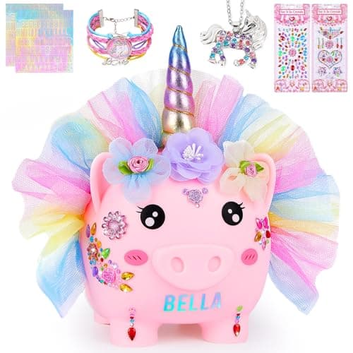 Image of MHJY Piggy Bank for Kids Unicorn Money Box Girls Unbreakable Resin Child Saving Bank Cute Large Coin Banks with Necklace Bracelet DIY Stickers Birthday Set