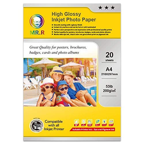 Image of MR.R Single Side High Glossy Inkjet Photo Paper 200gsm,A4 210 x 297mm Pack of 20 Sheets for Epson Canon Brother HP Inkjet Printers
