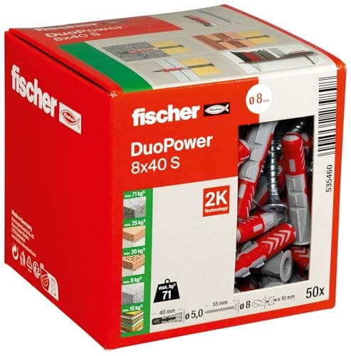 Image of Fischer DuoPower 8 x 40 S, Powerful Universal Plug with Safety Screw, Intelligent 2-Component Technology for fastenings in Concrete, Bricks, Stone, Gypsum plasterboard, etc., 50 Plugs & 50 Screws