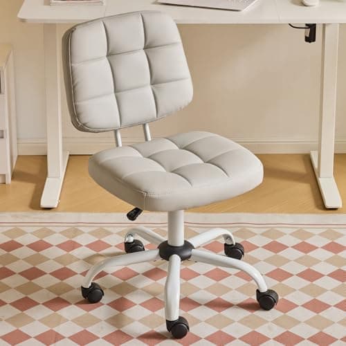 Image of Bonnlo Armless Office Swivel Computer Desk Chair with Wheels, Height Adjustable Vanity Chair without Armrest, Dressing Table Stool for Small Space, Bedroom, PU Leather, Light Grey