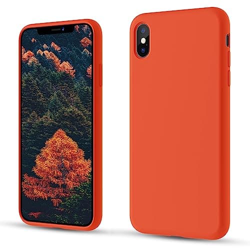 Image of CALOOP Slim-Fit for iPhone X Case,iPhone XS Case,Skin Soft Liquid Silicone,Sturdy Shockproof Hard Frame Cover with Anti-Scratch Microfiber Lining,Robust Full Protection for Screen(Orange)