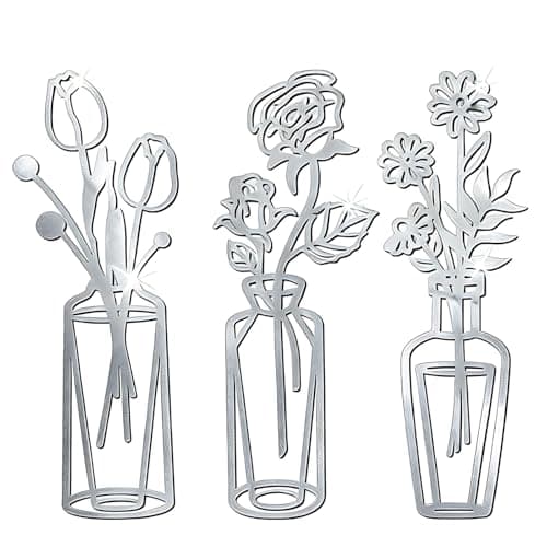 Image of 3 Pcs Silver Flower Wall Art Decoration,20cm Acrylic Black Vase Wall Art for Hallway and Stairs, Beautiful Kitchen Wall Arts, Wall Sticker For Living Room Bathroom Decorations Bedroom Hallway Decor