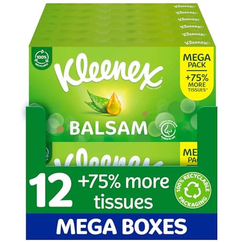 Image of Kleenex® Balsam Tissues, Mega Pack - 1,344 Sheets (12 Boxes x 112 Sheets) - Balm Tissues Protect and Soothe Your Nose When You've Got a Cold - Balmcare® with Aloe Vera, Vitamin E and Calendula