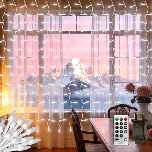 Image of CERIAL Curtain Lights Indoor Outdoor Plug in, 4M X 2M 300LED Diamond Shape Backdrop Window Curtain Lights for Room,Hanging Waterfall Wall Light with Remote Timer,Waterproof,Connectable(White)