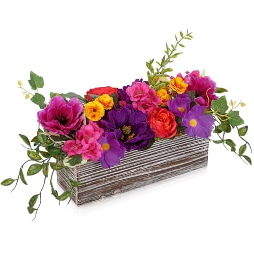 Image of Oairse Artificial Flower Arrangement in Rustic Wooden Box Artificial Flowers in Pot Silk Flowers Centerpiece for Table, Shelf, Home, Office Living Room Decor Farmhouse Faux Floral Display