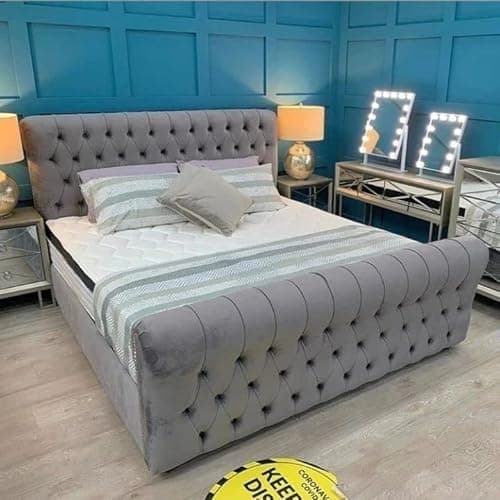 Image of BED CRAFT Grey velvet upholestered sleigh bed with headbaord (single double king superkingsize)-Mattress option-Gaslift option available-Handmade in UK (Super King)