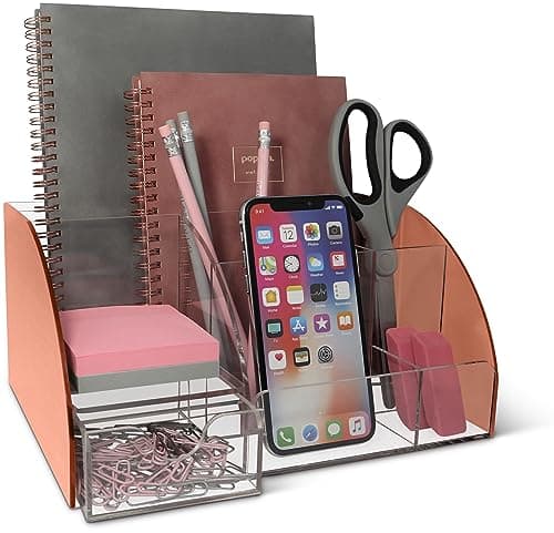 Image of Rose Gold Desk Organizer, Acrylic, 9 Compartments, Office Supplies Desk Accessories Organizer with Drawer, Pen Holder, Office Decor Desktop Organization (Rose Gold)