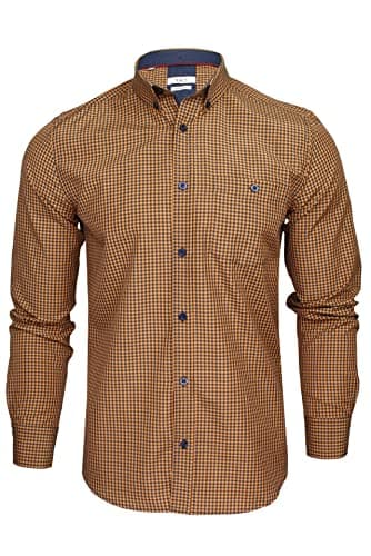 Image of Xact Men's Gingham Check Shirt with Button-Down Collar - Long Sleeved (Apricot/Navy) M