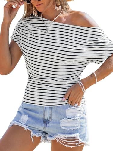 Image of CUPSHE Womens Off Shoulder Top Striped Boat Neck T-Shirt Batwing Short Sleeve Ruched Blouse High Stretch Summer Going Out Tops for Holiday Party Black & White S