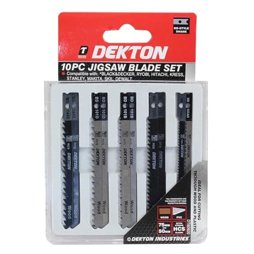 Image of Dekton 10 PC B & D Type Jigsaw Blade Set | Includes 75mm & 50mm HCS Blades | Ideal for Wood & Plastic | Assorted for Fast, Clean Cuts | Compatible with Decker, Ryobi, Hitachi, Makita, Stanley & More