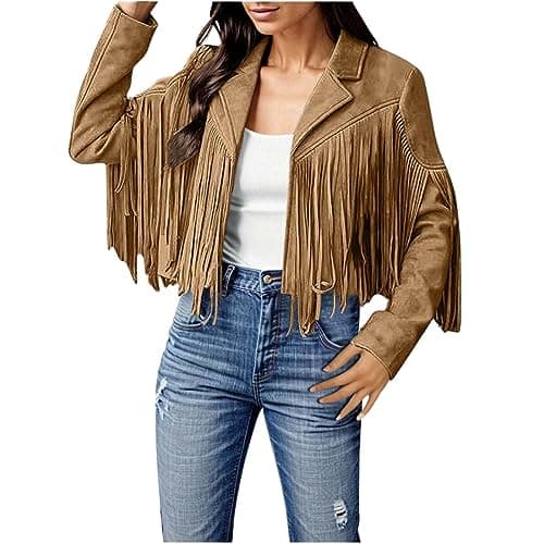 Image of Women's Jackets Cowgirl Outfits Faux Suede Leather Jacket Trendy Western Fringe Cropped Jackets Tassel Motorcycle Crop Coats Comfortable Lightweight Plus Size Streetwear Outerwear