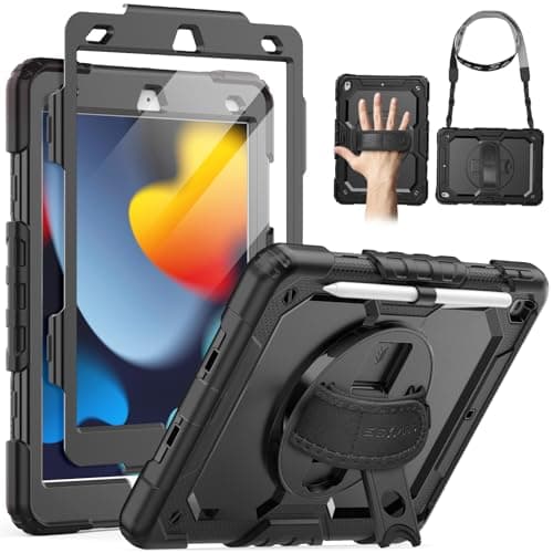 Image of SEYMAC Case for iPad 9th/8th/7th Generation 2021/2020/2019 10.2 inch, Shockproof Case with Screen Protector, 360 Degree Rotating Stand/Hand Strap, Pen Holder for iPad 10.2 Inch, Black