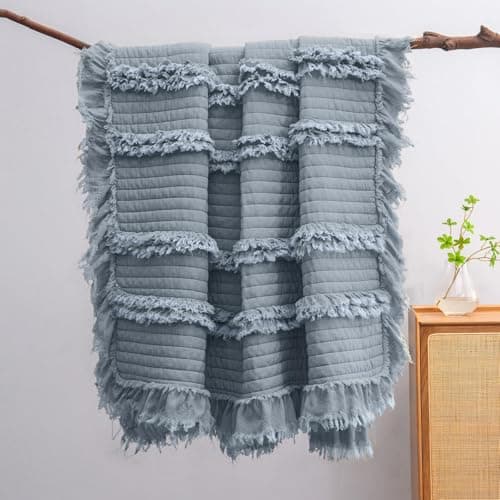 Image of HORIMOTE HOME Ultra Soft Pre-Washed Warm Quilted Throw Blanket, Ruffle Fringed Boho Throw, Stone Washed Chic Rustic Blanket for Sofa Couch Bed Chair, Blue,152x203cm