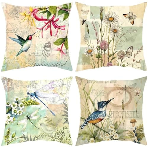 Image of Hopomoon Vintage Botanical Cushion Covers 45x45cm Set of 4,Spring Summer Garden Hummingbird Kingfisher Dragonfly Floral Thickened White Linen Decorative Throw Pillow Cases for Sofa Living Room Patio