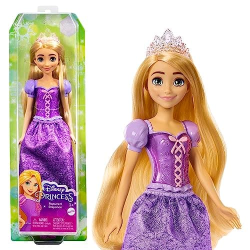 Image of Mattel Disney Princess Rapunzel Doll, Tangled in Signature Clothing, Collectible Fashion, Poseable with Blonde Hair, Tiara Crown, Accessories, Toys for Ages 3 and Up, HLW03
