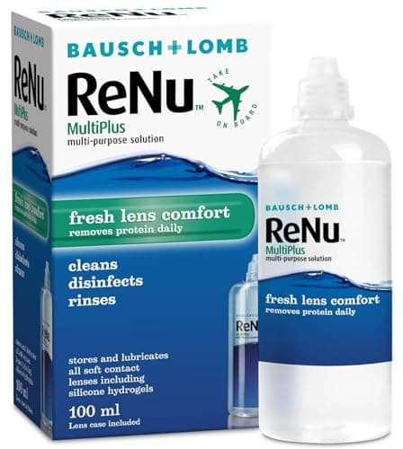 Image of ReNu MultiPlus Multi-Purpose Travel Contact Lens Solution, 100ml Flight Pack, for Soft Contact Lenses, Moisturise, Remove Protein, Clean, Disinfect, Lubricate, Rinse and Store, Lens Case Included