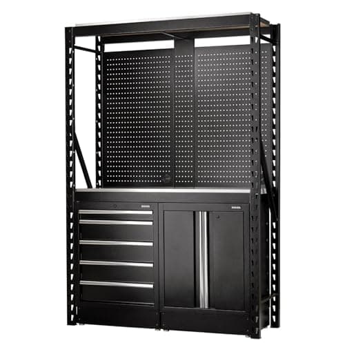 Image of Draper BUNKER 27972 15-Piece Modular Storage Combo 2 Tier Racking with Stainless Steel Shelving, Pegboards and Floor Cabinets, 1500 mm