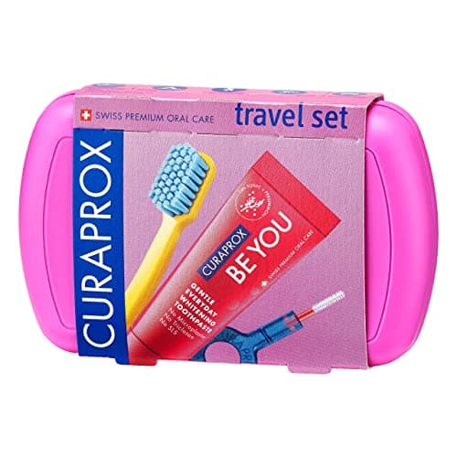 Image of Curaprox Travel Kit - CS 5460 Toothbrush with 'Be You' Toothpaste | 2 CPS Prime Interdental Brushes 07 and 09 | Dental Care Kit 9.5 cm x 6 cm |Magenta | Made in Switzerland