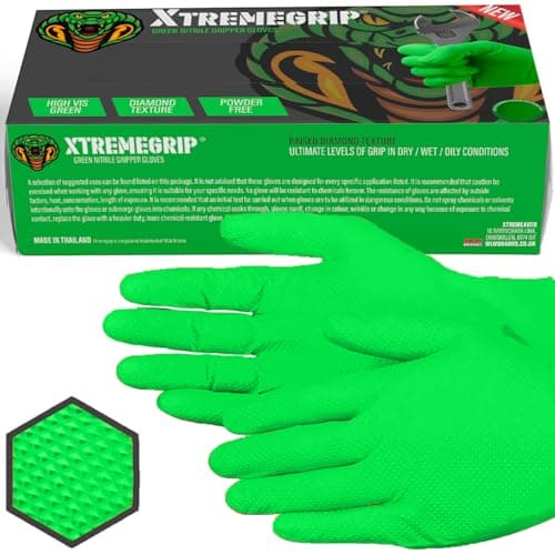 Image of Xtremeauto Nitrile Gloves - Disposable Gloves, Diamond Grip Green - Powder-free & Latex Free Nitrile, Extra Thick & Strong Rubber (1 Box, L)
